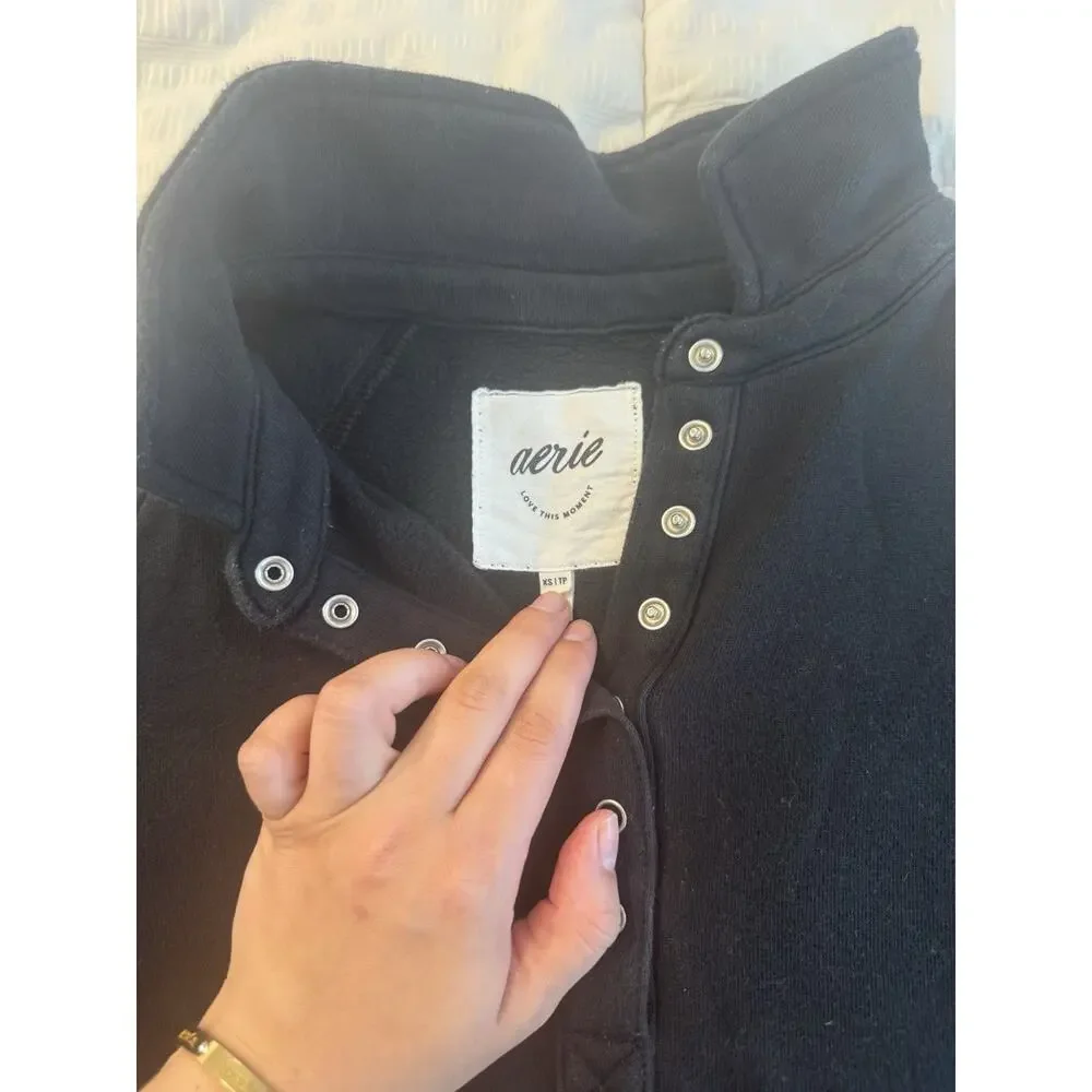 Aerie Quarter Snap Sweatshirt Oversized Black Henley Women's XS Loungewear